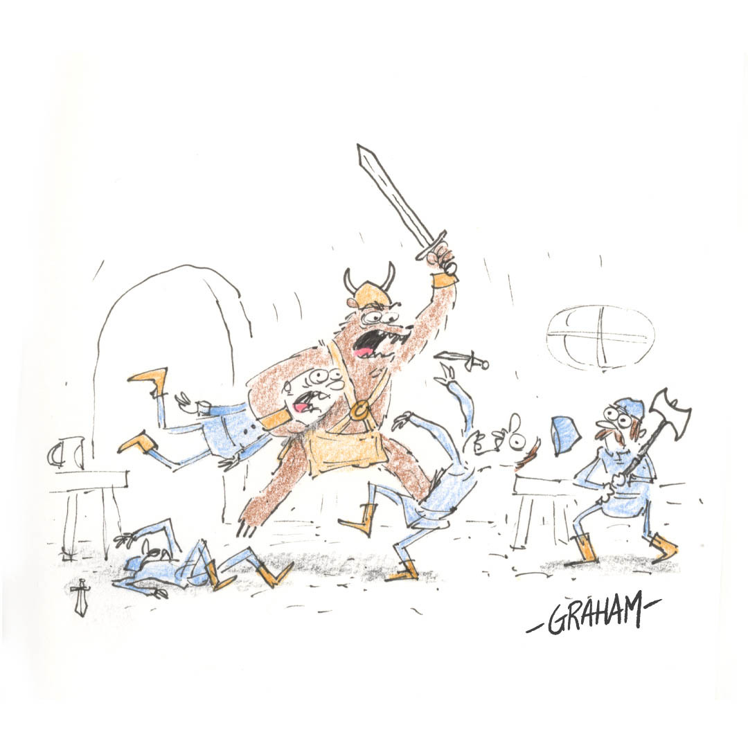 A cartoon illustration of a bear barbarian brawling with 4 men in a tavern setting.