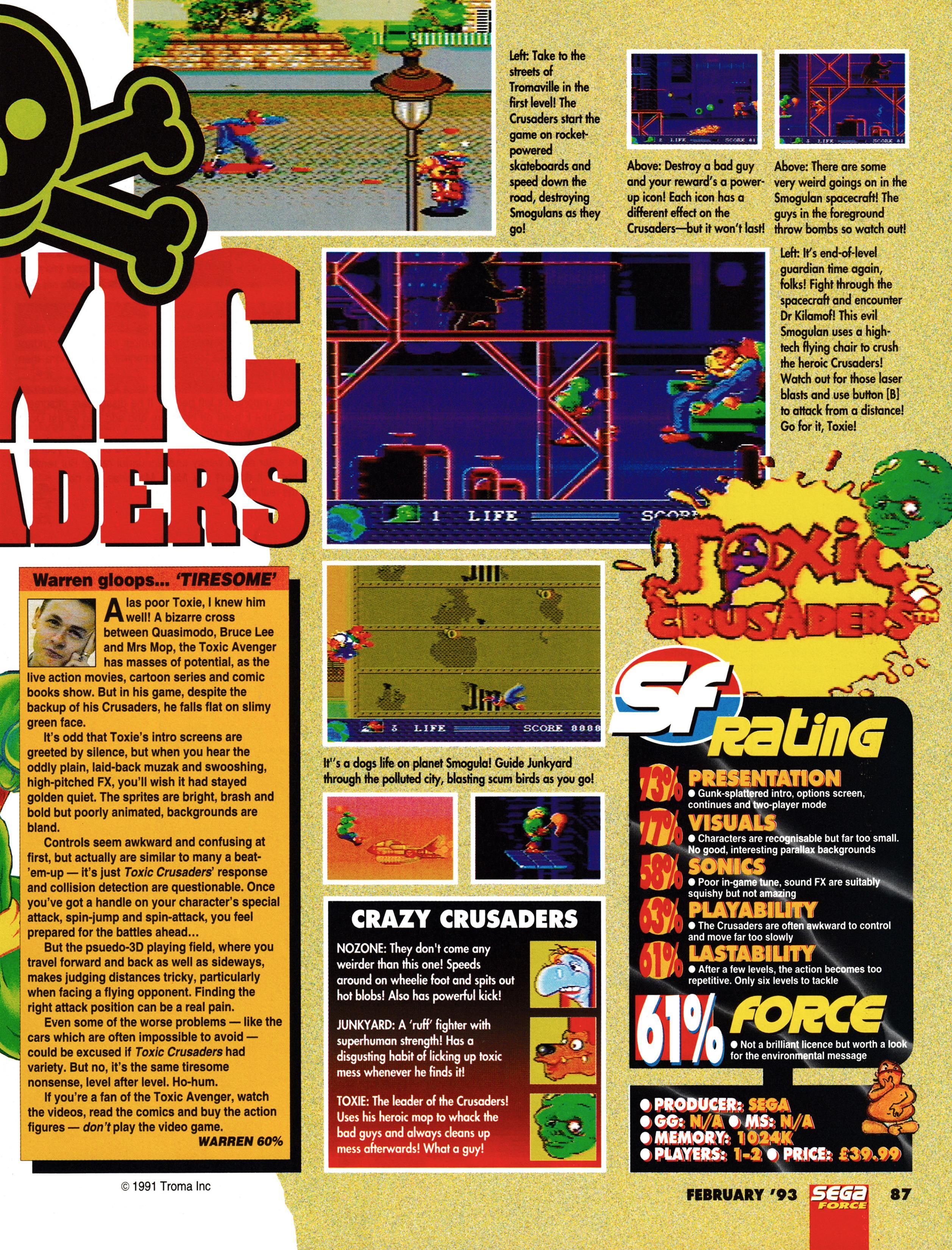 Review for Toxic Crusader on Mega Drive from Sega Force 14 - February 1993 (UK)


score: 61%