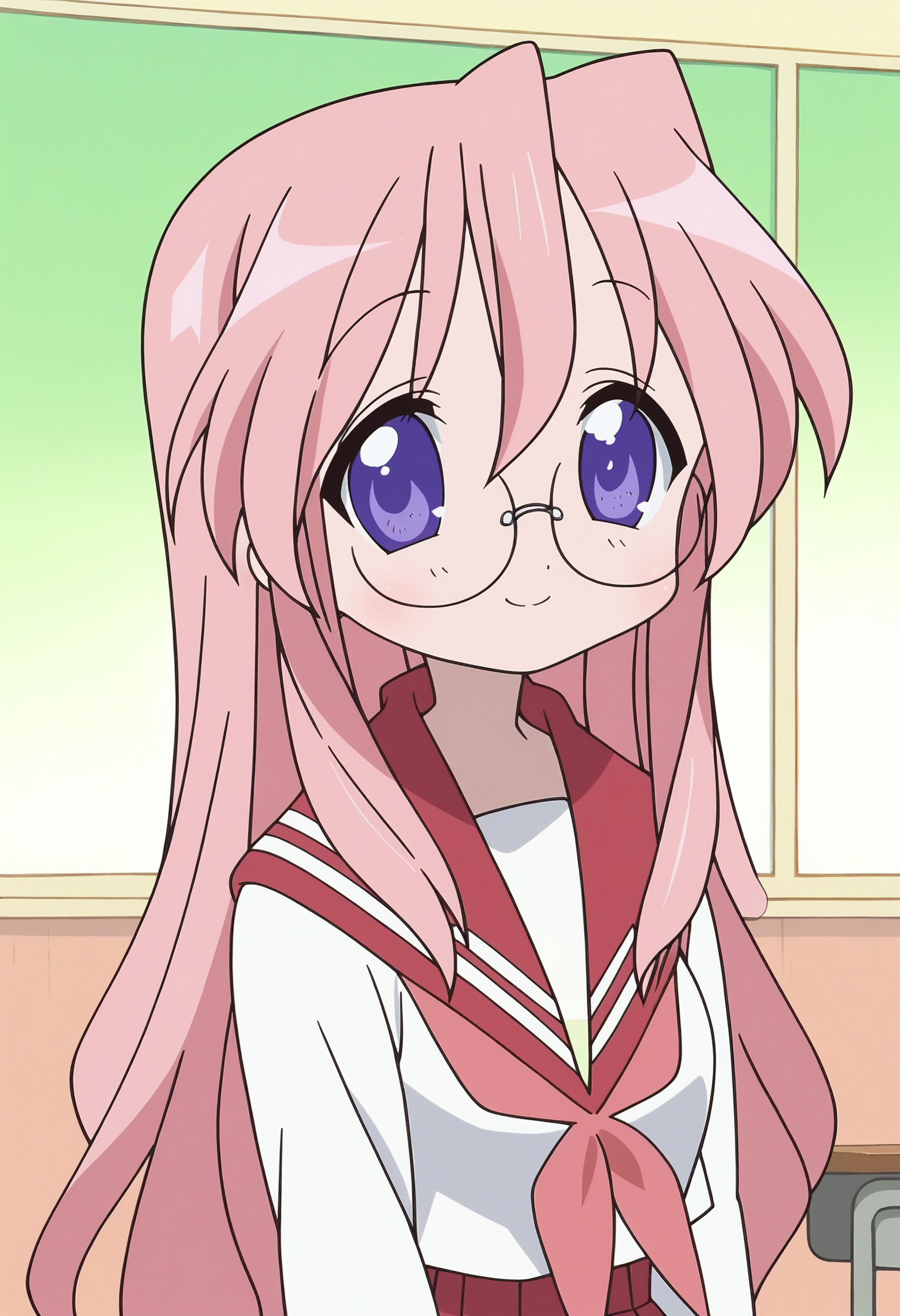 A pink-haired schoolgirl with large purple eyes. She wears round glasses, a white and red sailor uniform with a pink necktie, and a red pleated skirt. The background is a classroom with windows and a wooden desk partially visible. 