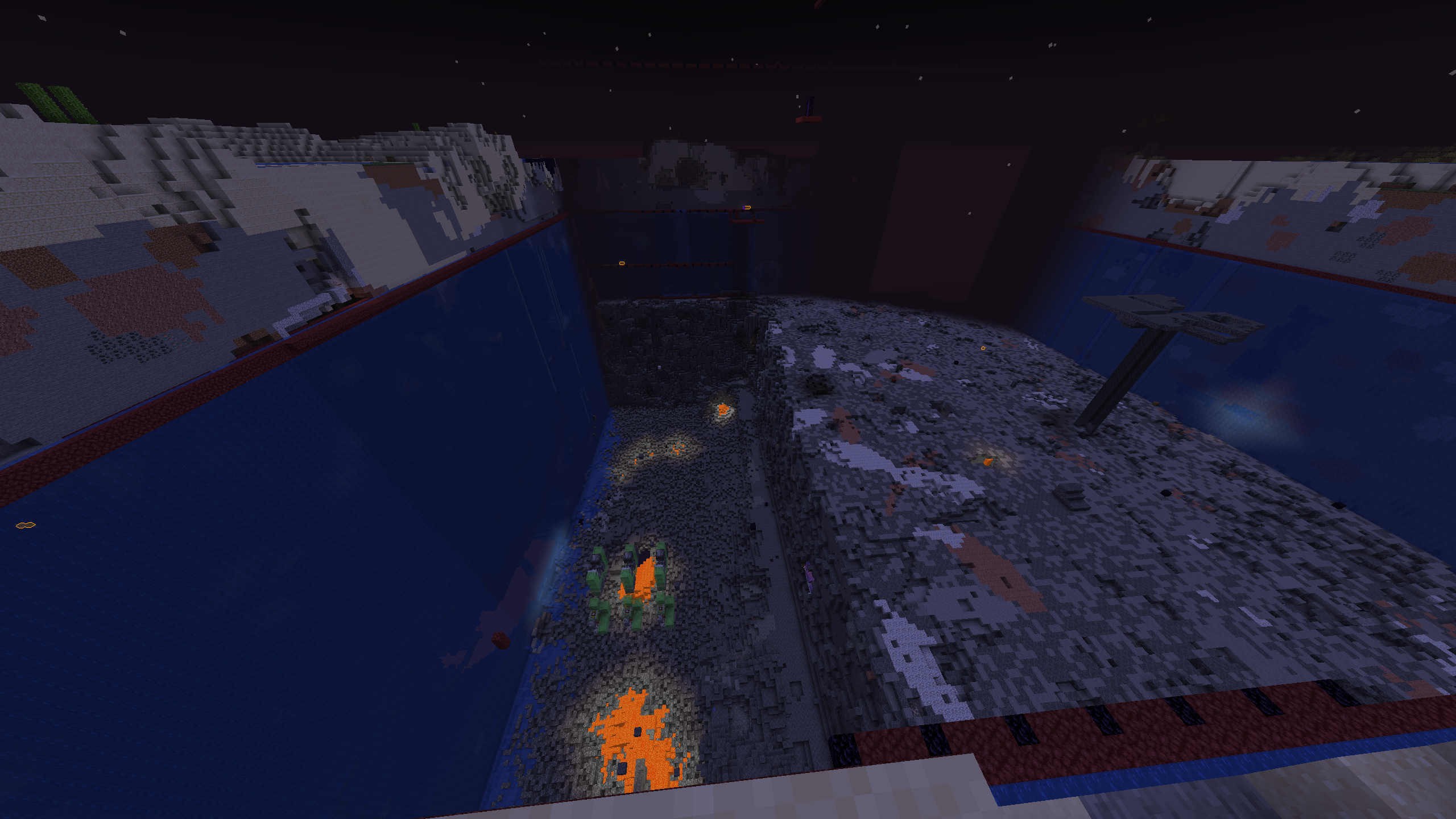 A massive quarry on the 2b2t Minecraft server. The area is heavily mined and excavated, with sheer walls lined with flowing water, likely placed to prevent mob spawns or reduce damage from explosions. The large pit at the bottom of the quarry reveals various exposed layers of stone, lava pools, and some remnants of ores.

A few structures are visible within the quarry. There’s a raised platform on a tall pillar, possibly a working area or a point of access to the bottom of the quarry. The red lines running along the edge might serve as markers or boundaries for the quarry's perimeter.

The scale and depth of the excavation are impressive, typical of large-scale projects seen on the 2b2t server, where players often undertake monumental builds or resource gathering operations. The server's chaotic and lawless nature means that such massive quarries can remain functional for long periods or be left abandoned after extensive use.