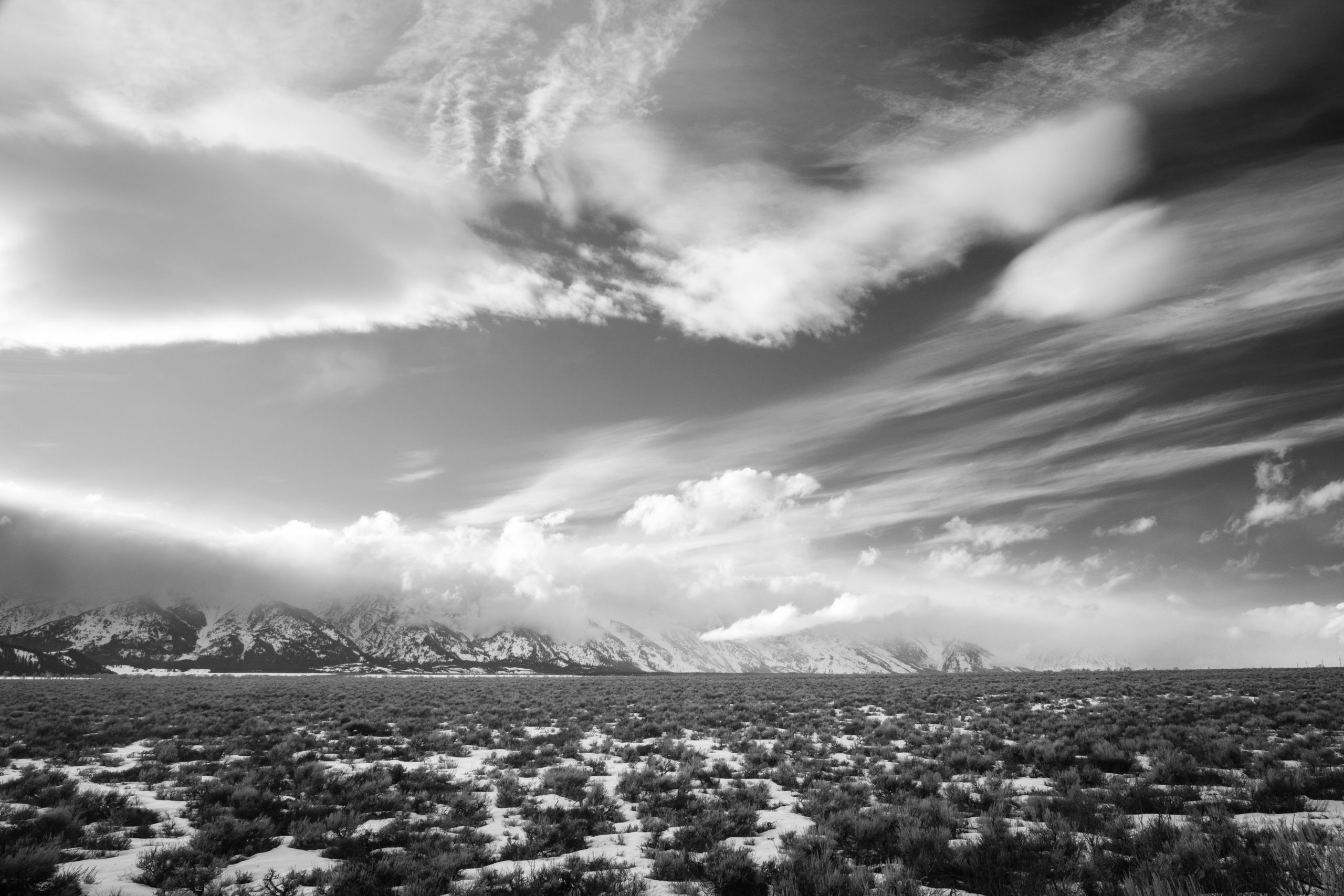 The Teton Range, seen from Antelope Flats near sunset.