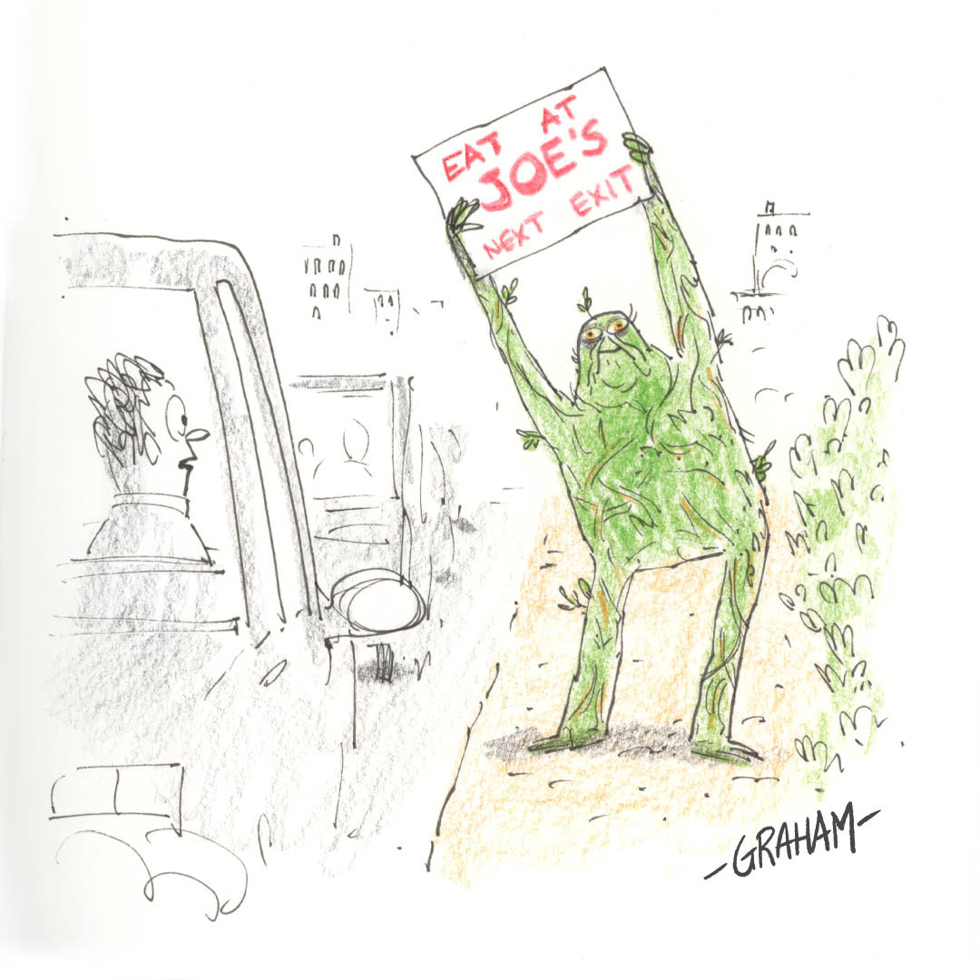 A cartoon illustration of the creature the Swamp Thing working as a roadside sign waver.