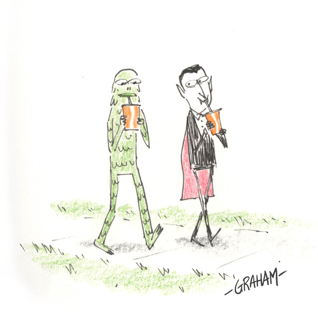 A cartoon illustration of Dracula and the Gillman walking together enjoying sodas.