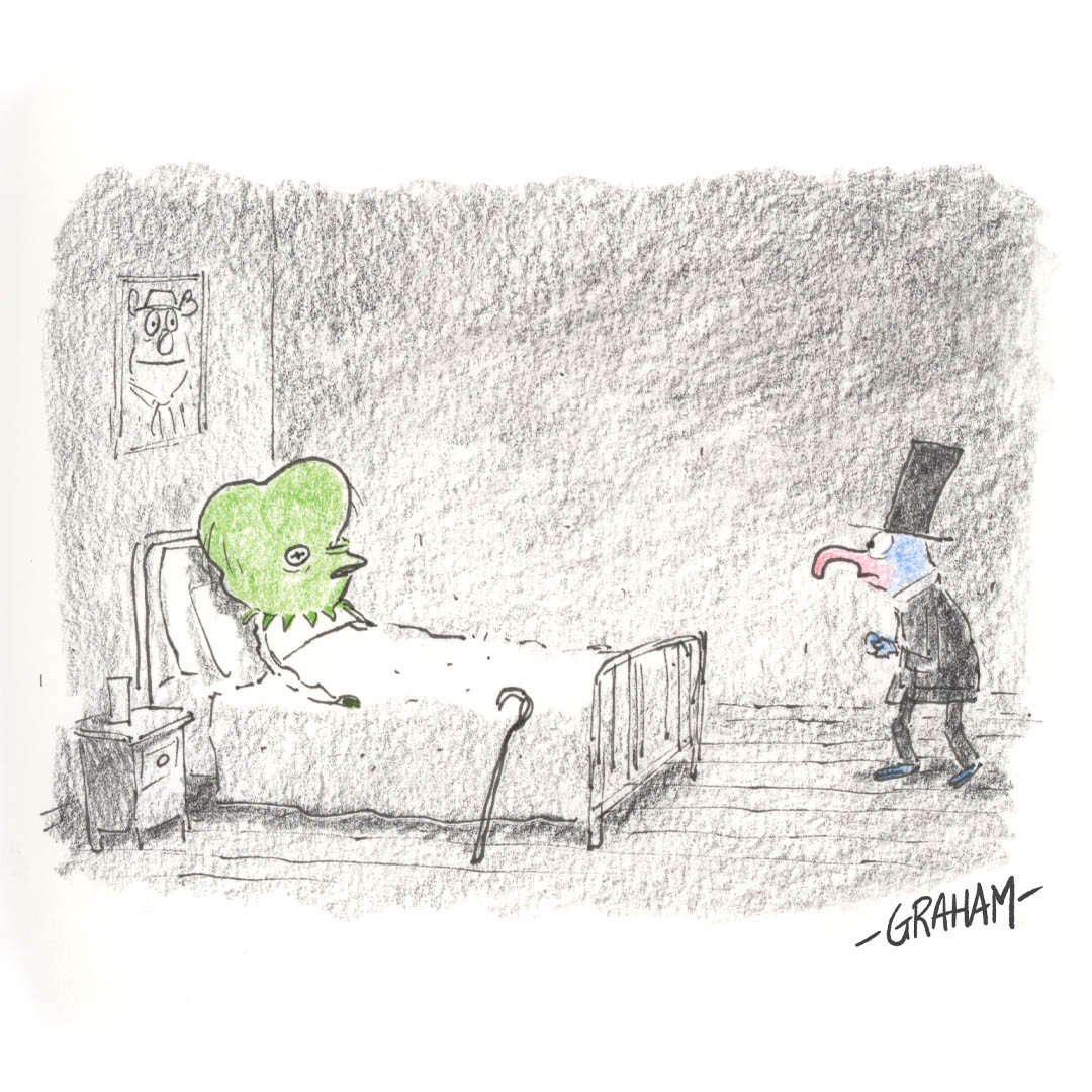 A cartoon illustration of Kermit as the Elephant Man lying in bed and Gonzo as Dr. Frederick Treves.