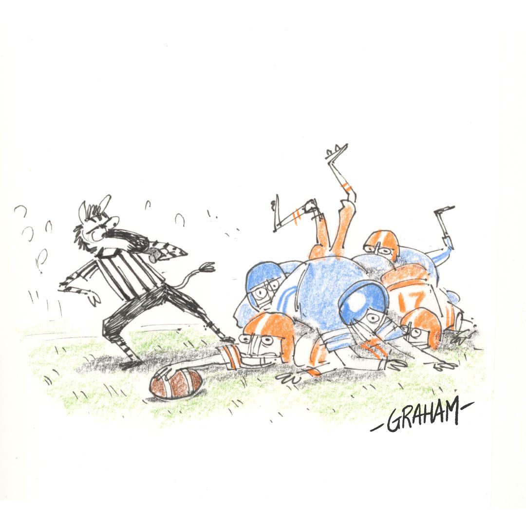 A cartoon illustration of a zebra dressed as a ref watching a pileup of football players on the field.