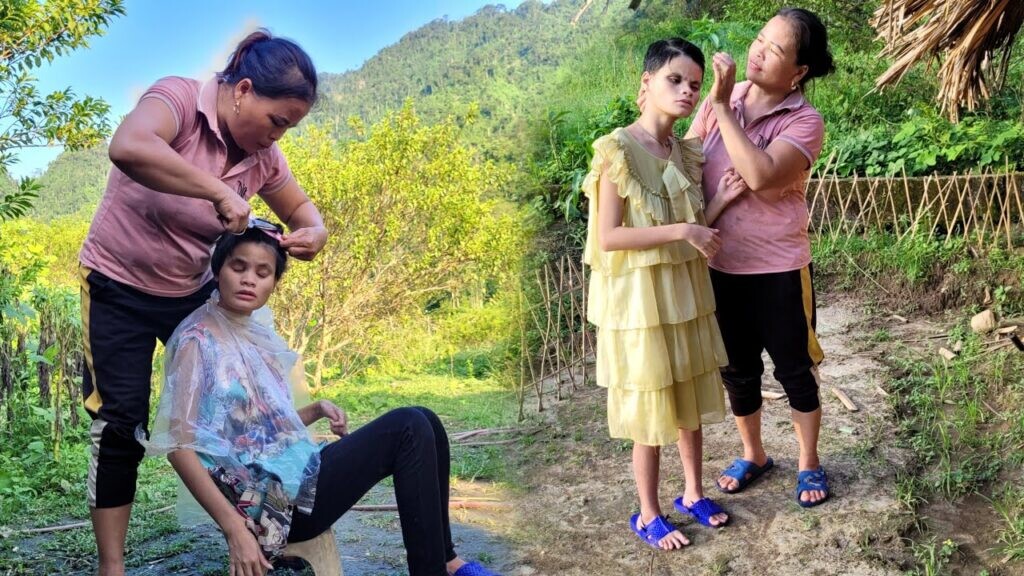 Single mother trims hair, takes care of disabled daughter, fertilizes vegetable garden